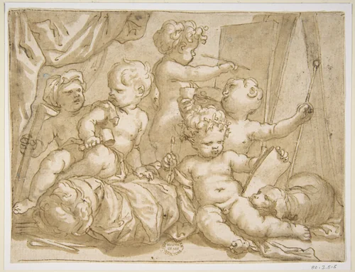 Putti with the Attributes of the Arts by Domenico Piola, drawing, 1627-1703