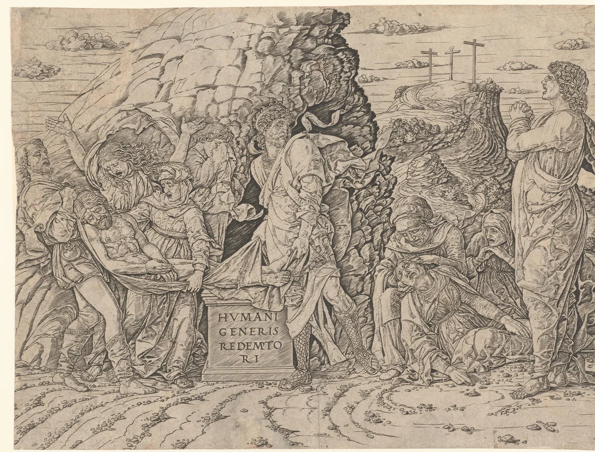 Graflegging van Christus by Andrea Mantegna, print, 1460-1470