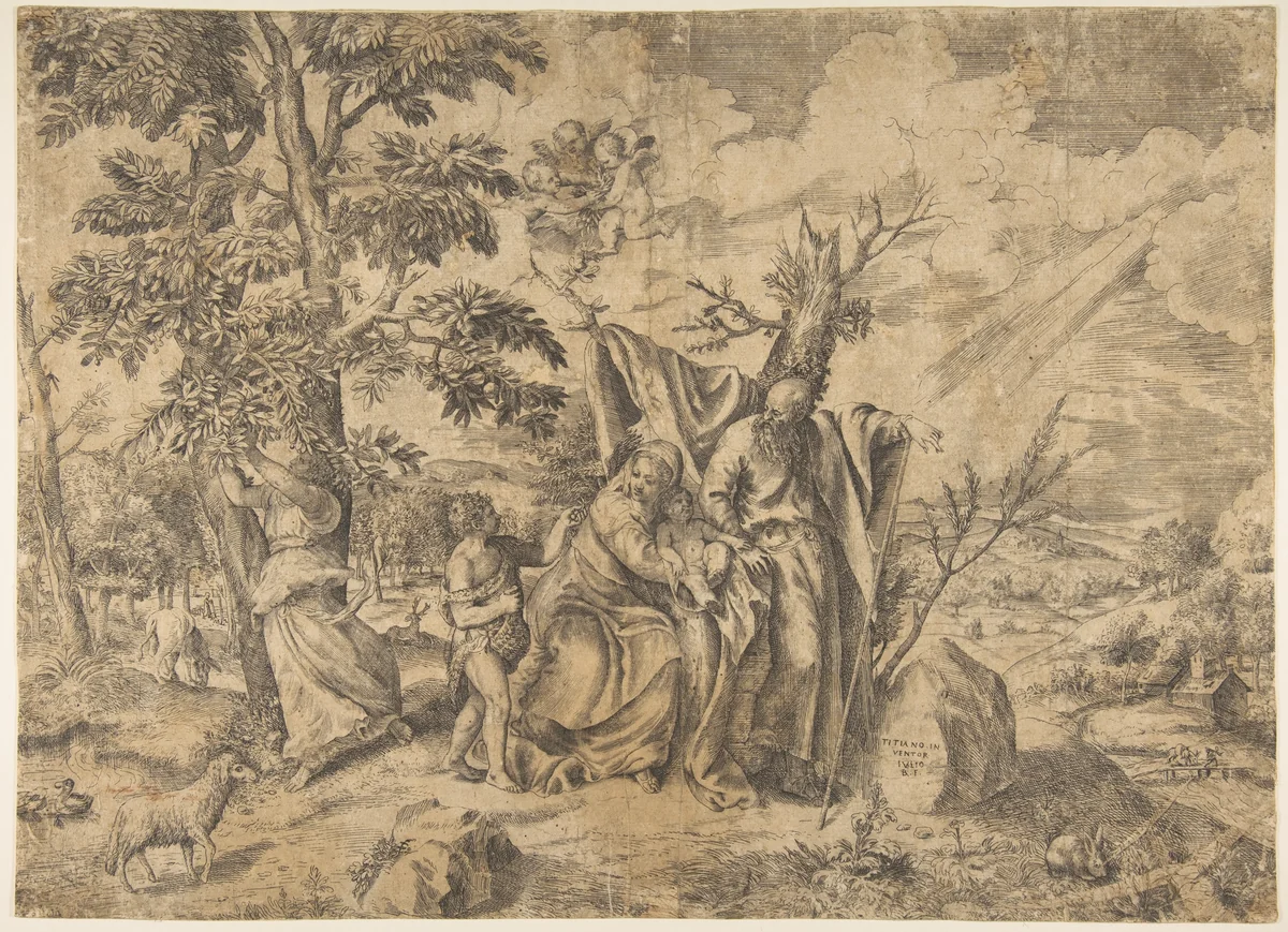 The Rest on the Flight into Egypt, Joseph at right, the Virgin holds the Christ Child in the centre, other figures to the left by Giulio Bonasone, print, 1531-1576