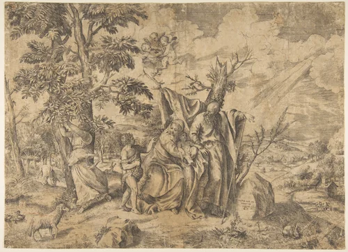 The Rest on the Flight into Egypt, Joseph at right, the Virgin holds the Christ Child in the centre, other figures to the left by Giulio Bonasone, print, 1531-1576