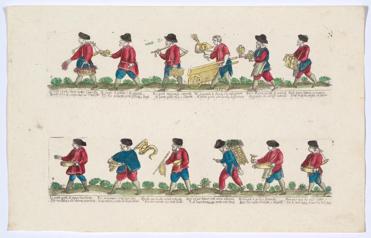 Plate 8 depicting the trades of Rome,here including vendors of coral, images, lemons etc., from the "Descrición de las artes que se llaman para los calles de la ciudad de Roma" by Remondini, print, 1765-1805