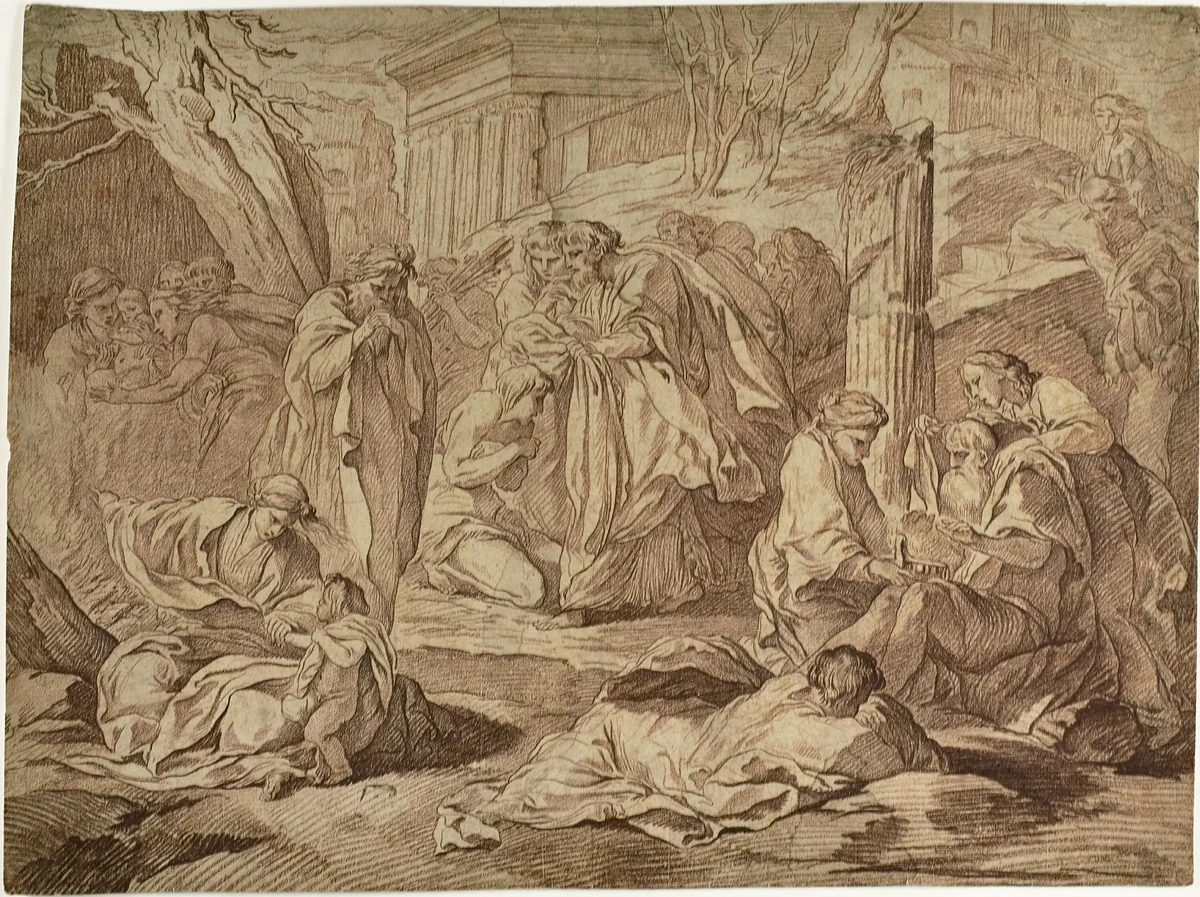 A Saint Clothing the Poor Among the Ruins of an Earthquake by Edme Bouchardon, drawing, 1718-1762