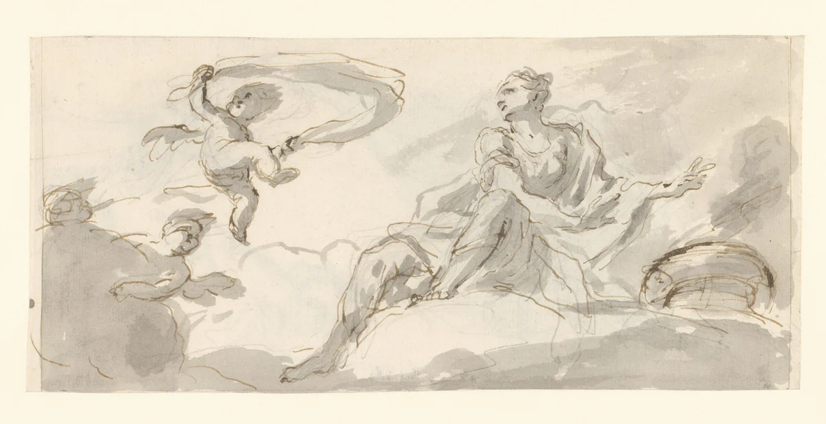 Vrouw en putti in de wolken by Gian Antonio Burrini, drawing, 1685-1689