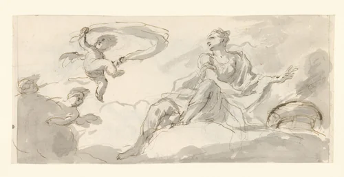 Vrouw en putti in de wolken by Gian Antonio Burrini, drawing, 1685-1689