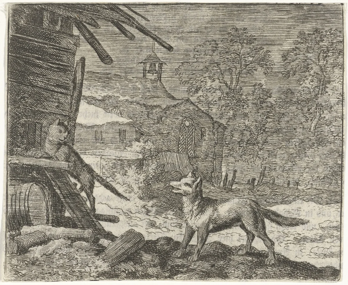 Reinaert de vos misleidt Tibert de kat by Allaert van Everdingen, print, 1665-1675