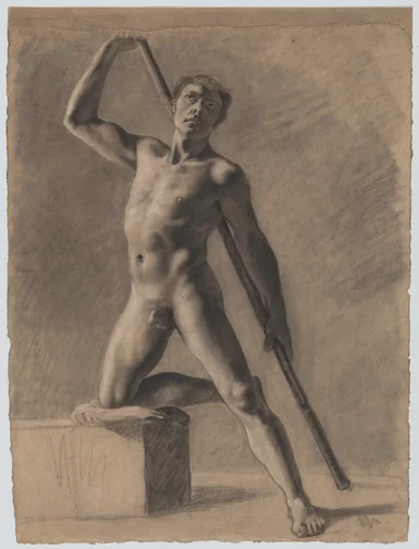 Academic Male Nude with Staff by Eugène Delacroix, drawing, 1816-1820
