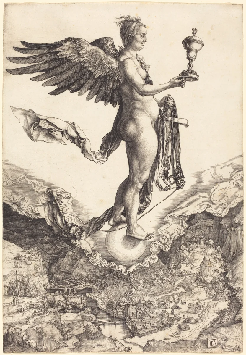 Nemesis (The Great Fortune) by Albrecht Dürer, print, 1501-1502