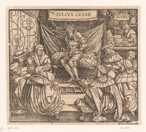 Julius Caesar in een raadsvergadering, op de achtergrond Cicero schrijvend by anonymous, print, 1531
