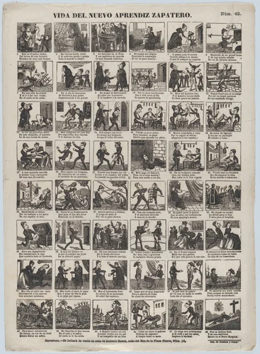 Broadside with 48 scenes relating to life of the apprentice shoemaker by Antonio Bosch, print, 1855-1865