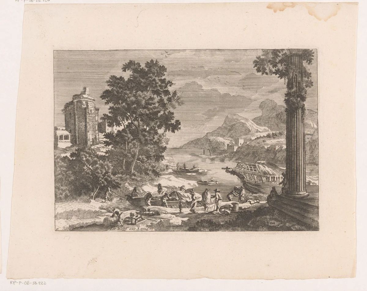 Rivierlandschap met schepen en een ruïne by anonymous, print, 1673-1724