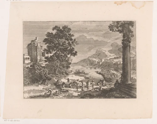 Rivierlandschap met schepen en een ruïne by anonymous, print, 1673-1724