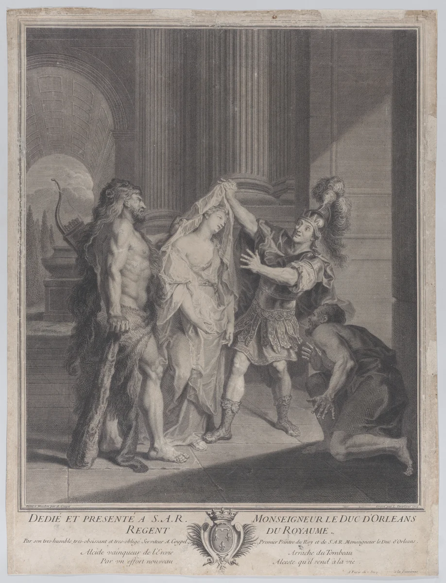 Hercules bringing Alcestis back to her husband Admetus by Louis Desplaces, print, 1715