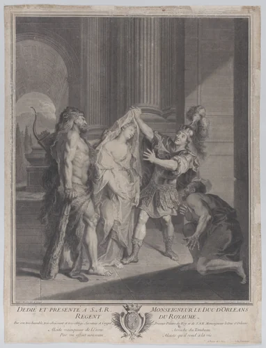 Hercules bringing Alcestis back to her husband Admetus by Louis Desplaces, print, 1715