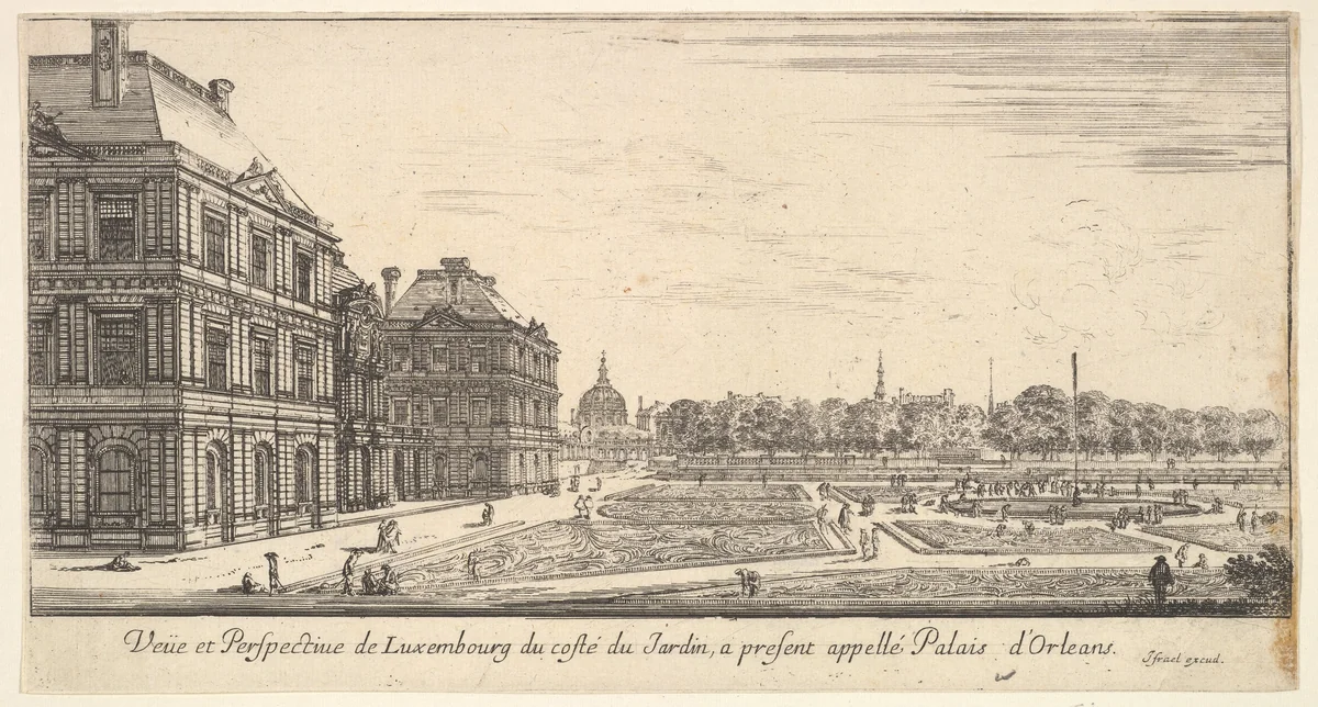 View of Luxembourg from the garden side of the Palais d'Orleans, from "Various views of remarkable places in Italy and France" (Diverses vues d'endroits remarquables d'Italie et de France) by Stefano della Bella, print, 1649-1651