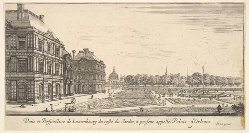 View of Luxembourg from the garden side of the Palais d'Orleans, from "Various views of remarkable places in Italy and France" (Diverses vues d'endroits remarquables d'Italie et de France) by Stefano della Bella, print, 1649-1651