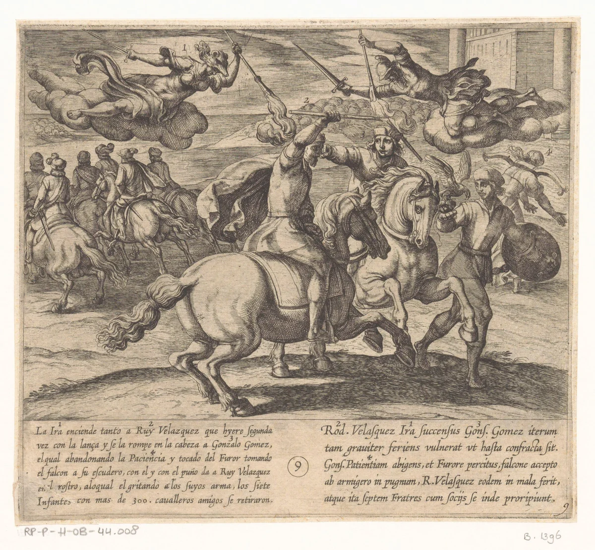 Ruy Velazquez verwondt Gonzalo Gomez opnieuw, die de prins slaat en de zonen van Lara te wapen roept by Antonio Tempesta, print, 1612