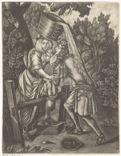 Liefkozend paar bij een hek by anonymous, print, 1650-1800