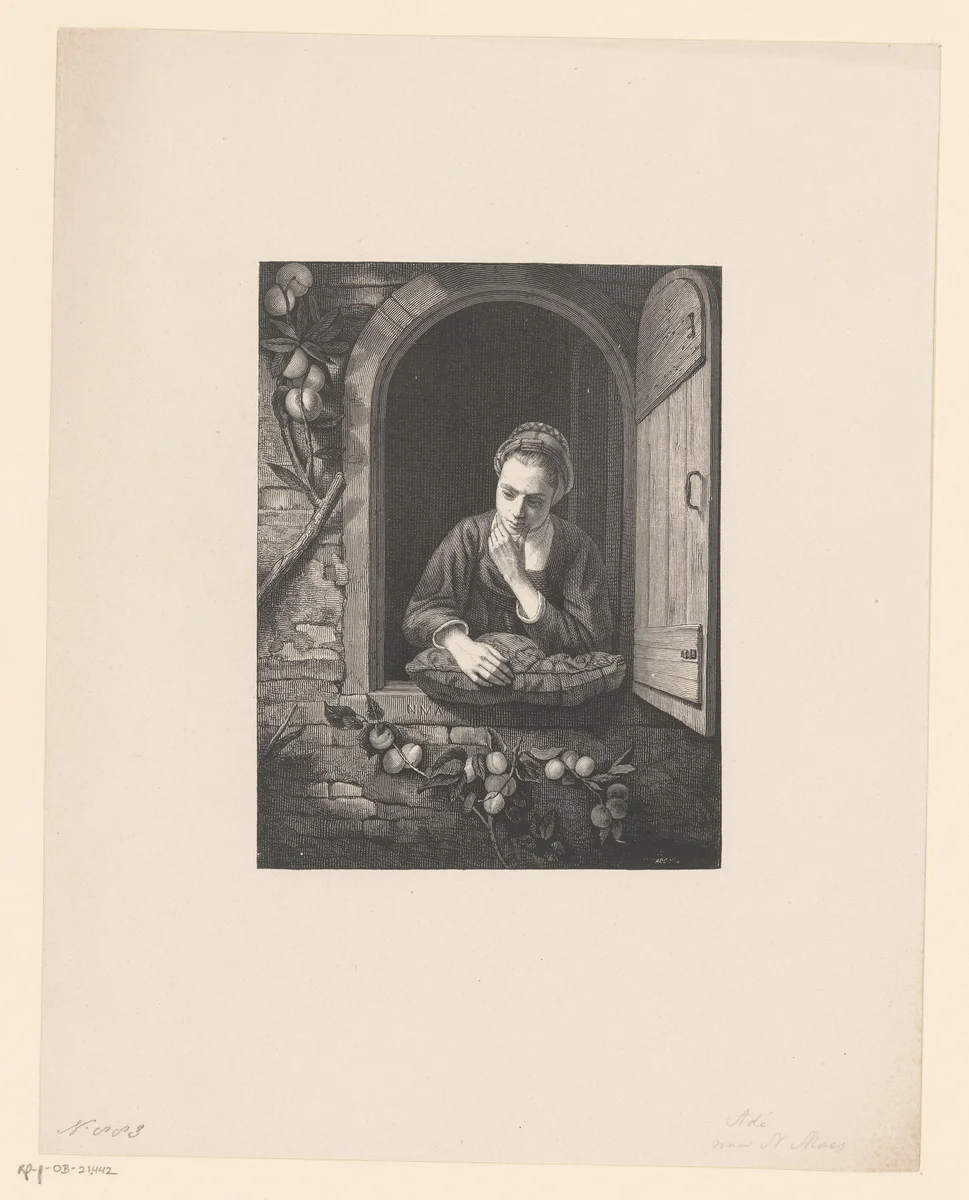 Jonge vrouw in een venster by Eduard Ade, print, 1800-1900