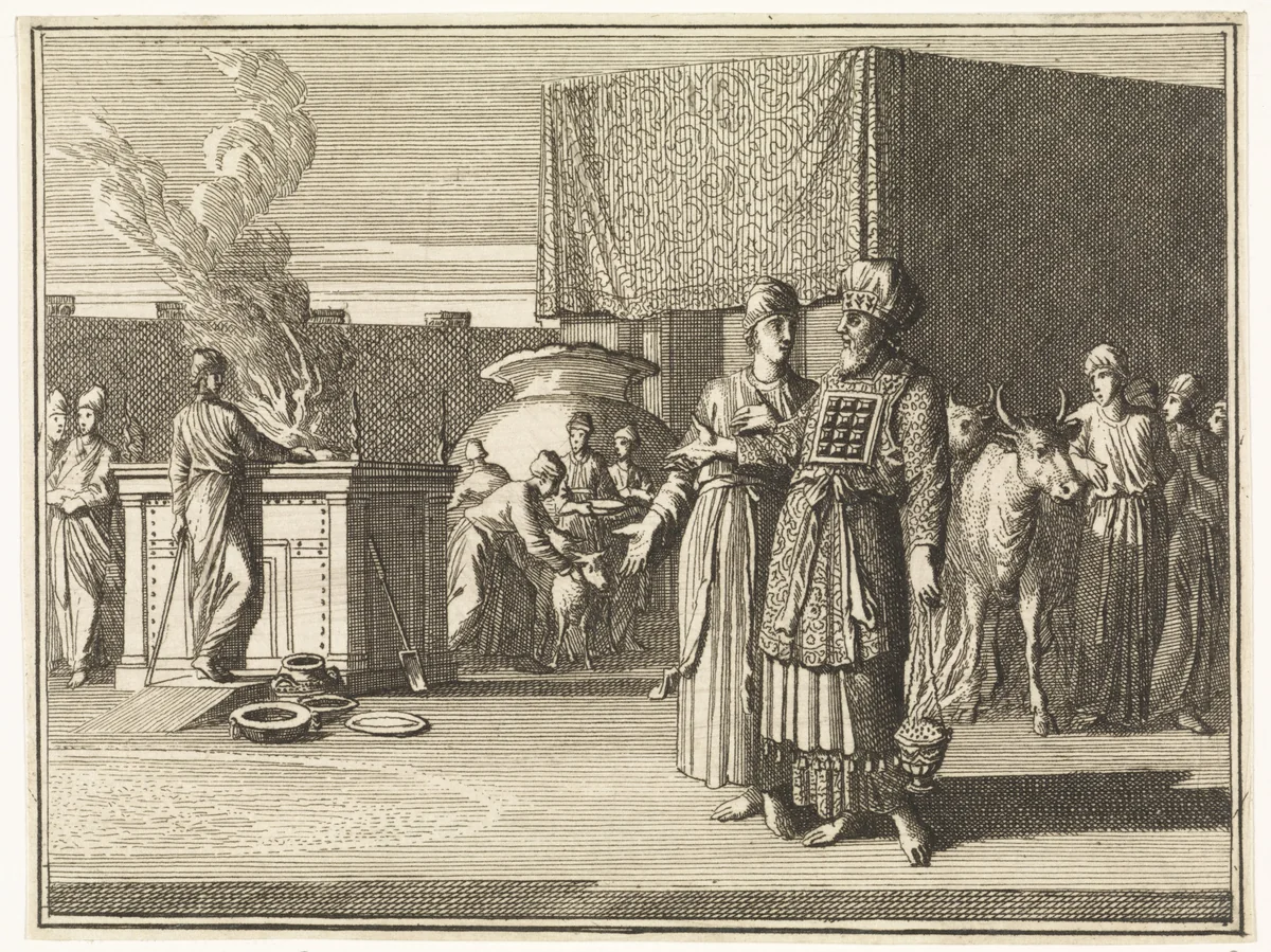 Israëlieten brengen hun kostbaarheden naar het tabernakel by Caspar Luyken, print, 1712