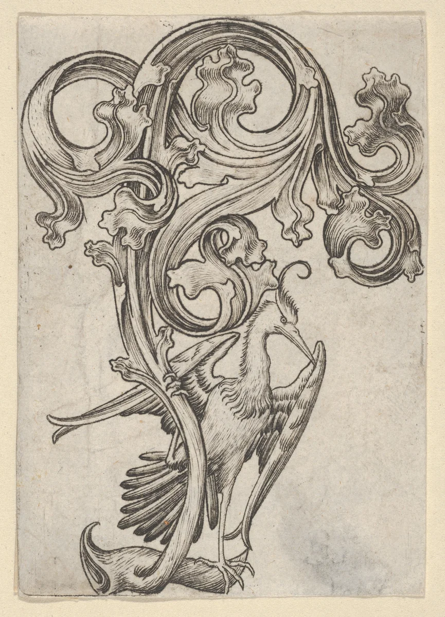 Leaf-ornament with a Heron by Master ES, print, 1445-1467
