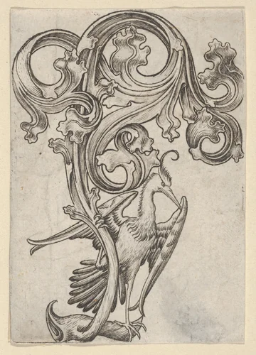Leaf-ornament with a Heron by Master ES, print, 1445-1467