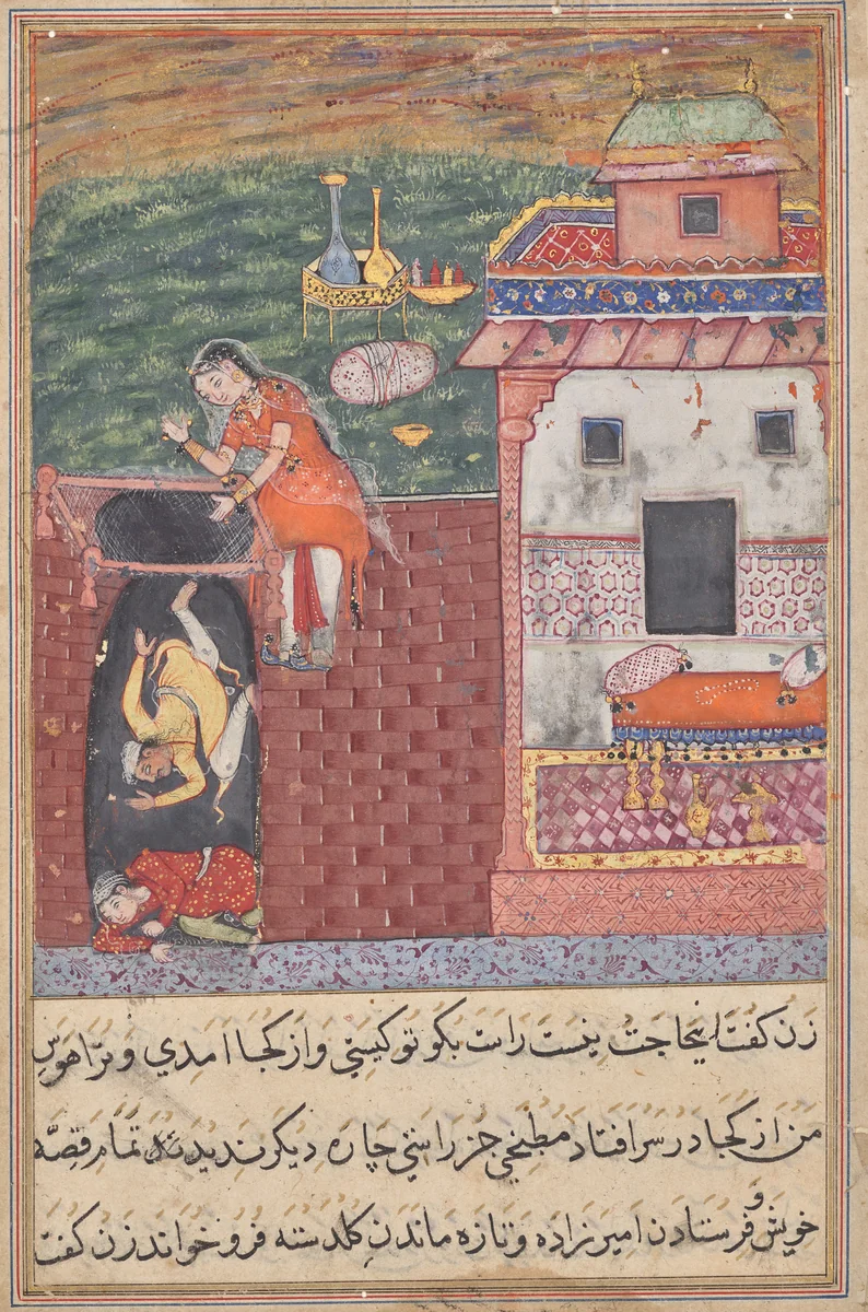 The two cooks, who attempt to seduce the warrior’s loyal wife, are trapped by her in a cellar, from a Tuti-nama (Tales of a Parrot): Fourth Night by Unknown, painting, 1555-1565