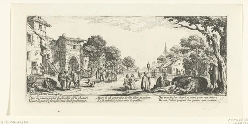 Bedelaars en stervenden langs de weg by Jacques Callot, print, 1633