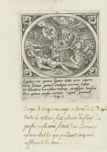 Vijfde engel blaast op bazuin by Unknown, print, 1585