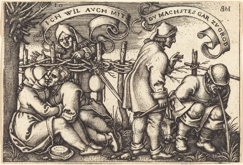 Peasants Behind the Fence by Sebald Beham, print, 1546-1547