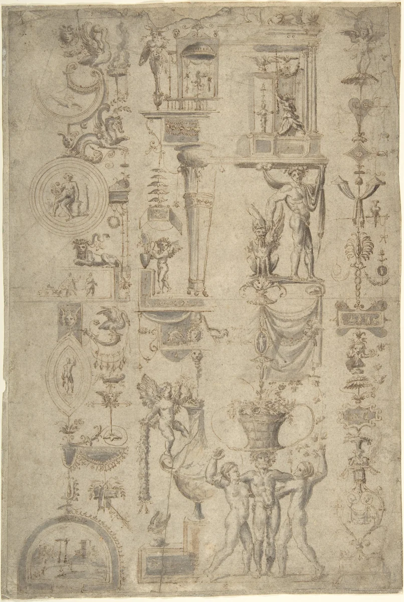 Design of Antique-Style Ornament ("Grotteschi") by anonymous, drawing, 1500-1600