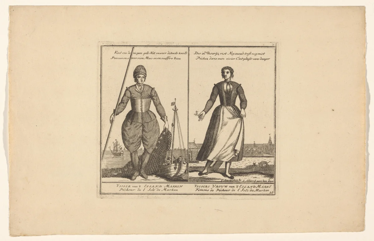 Een visser en zijn vrouw uit Marken by Abraham Allard, print, 1676-1725
