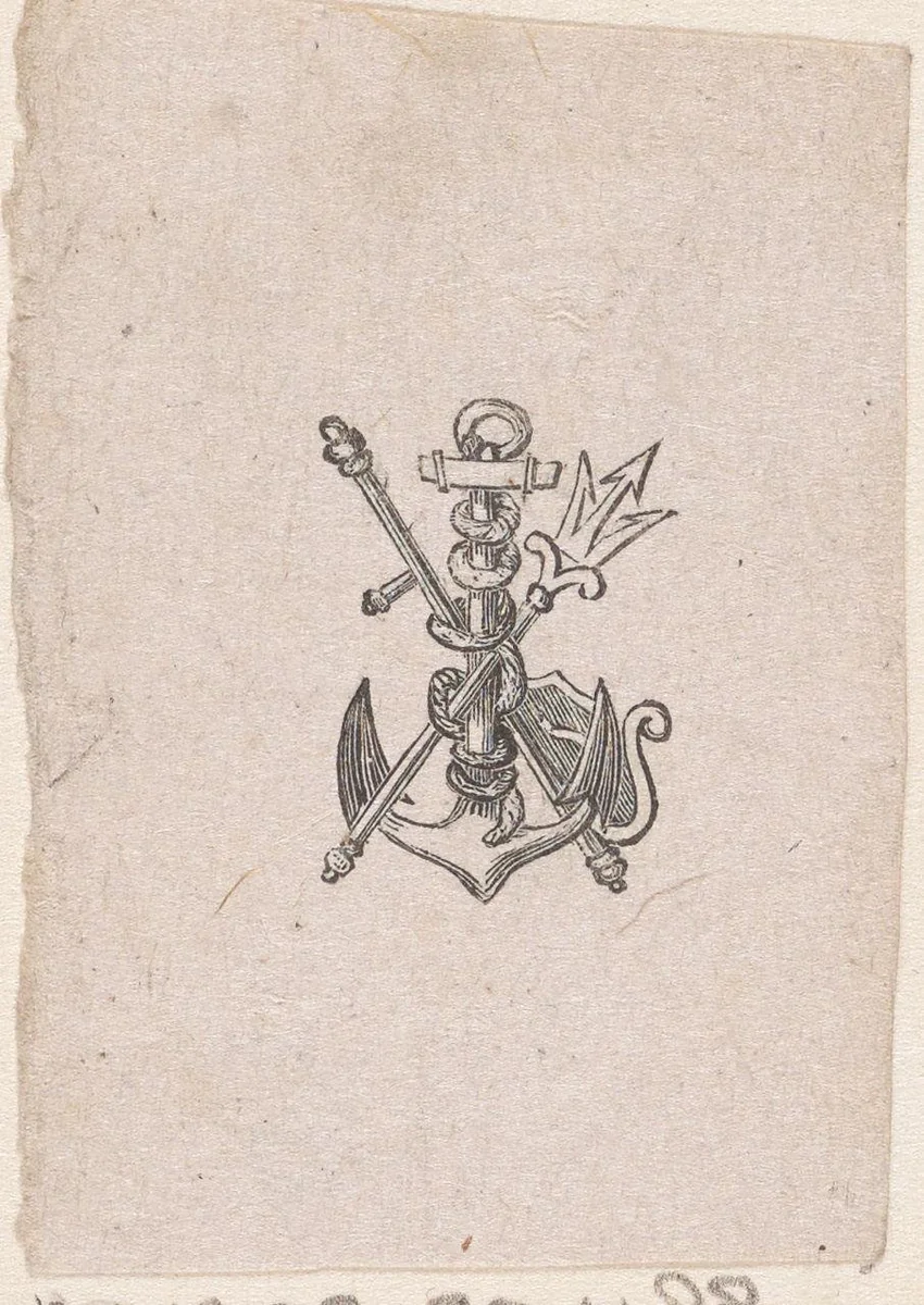 Vignet met een anker en andere objecten uit de scheepvaart by Isaac Weissenbruch, print, 1836-1912