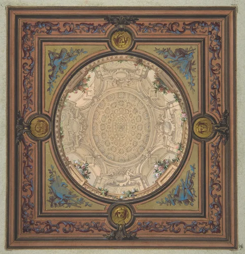 Design for the decoration of a ceiling with a trompe l'oeil painting of a coffered dome by Jules-Edmond-Charles Lachaise, drawing, 1830-1897