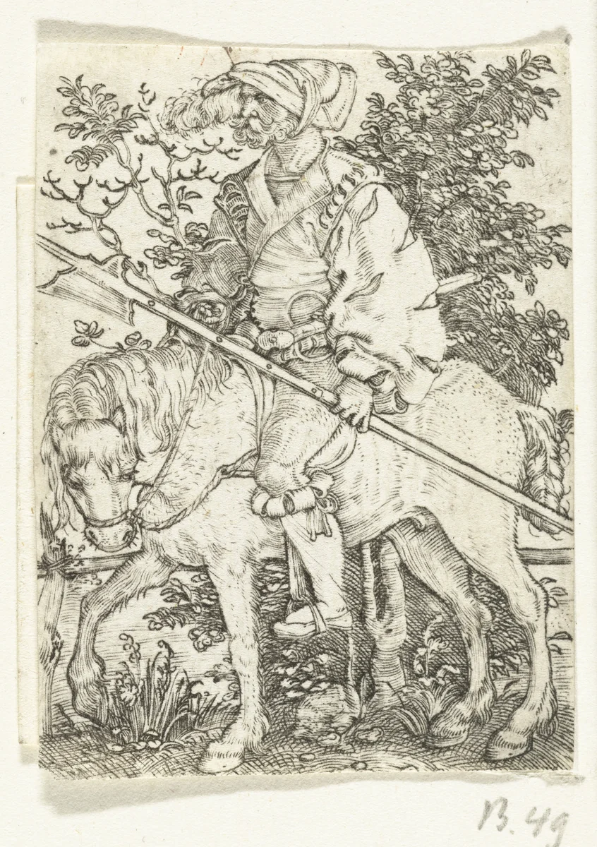 Hellebaardier te paard by Barthel Beham, print, 1512-1540
