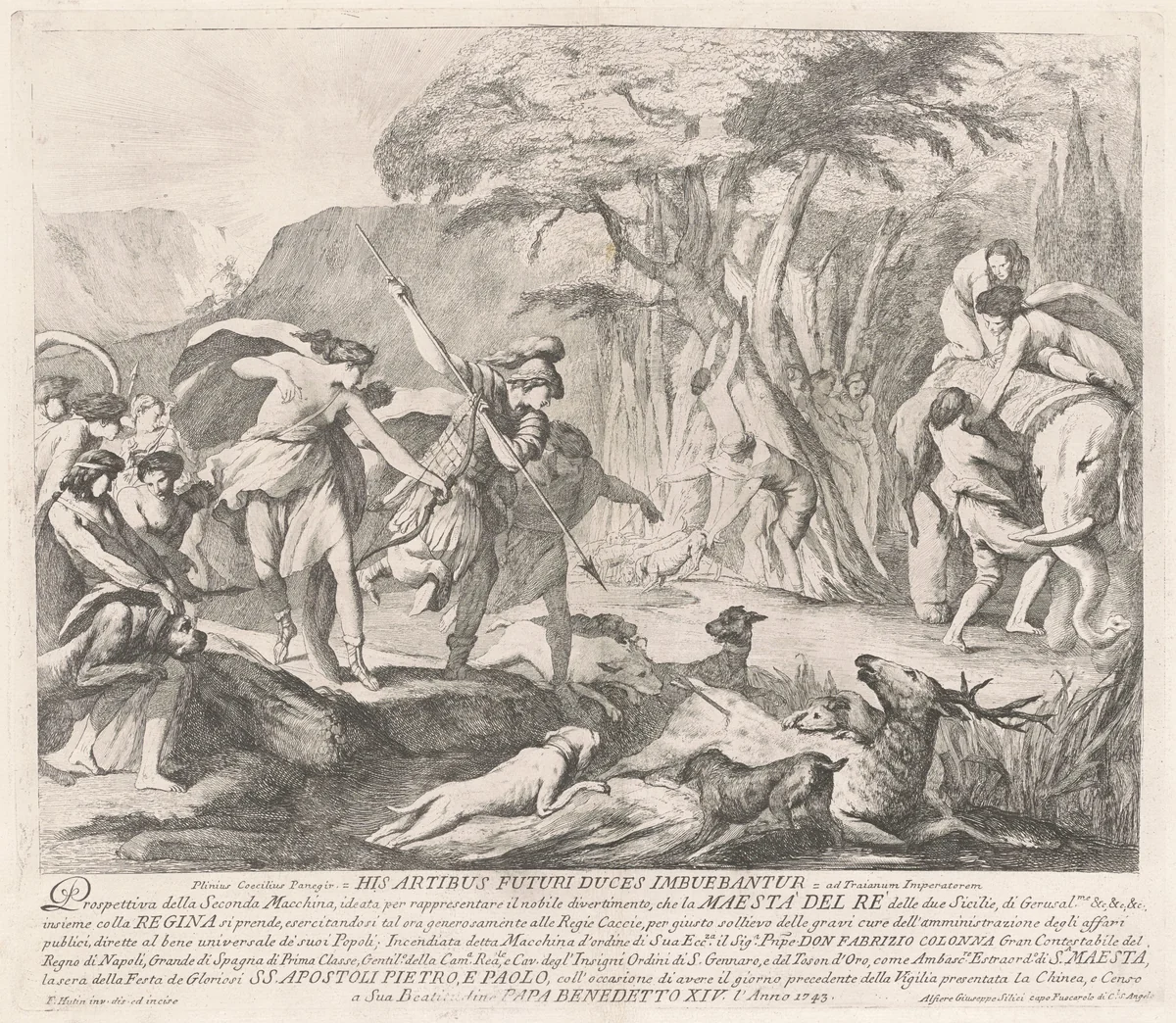 The Seconda Macchina for the Chinea of 1743: The Royal Hunt by François Hutin, print, 1743