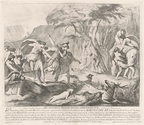 The Seconda Macchina for the Chinea of 1743: The Royal Hunt by François Hutin, print, 1743