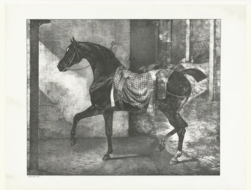 Zwart volbloedpaard in een stal by Théodore Géricault, print, 1822