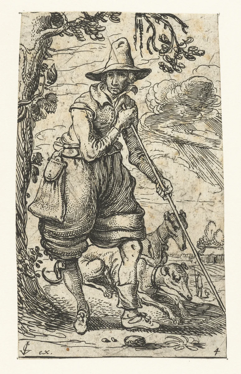 Jager met twee honden by Esaias van de Velde, print, 1610-1614