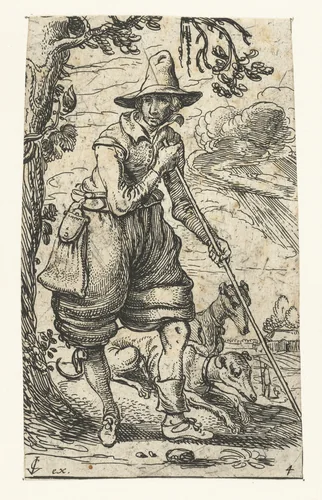 Jager met twee honden by Esaias van de Velde, print, 1610-1614