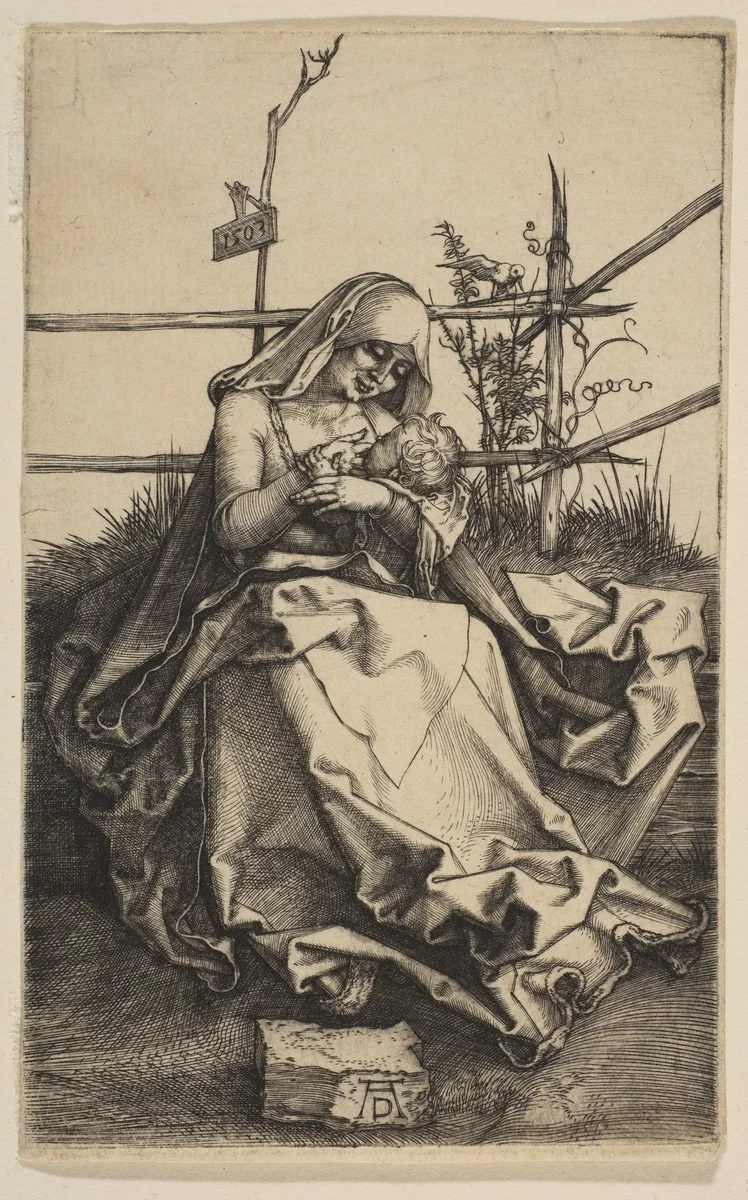 Virgin on a Grassy Bench by Albrecht Dürer, print, 1503