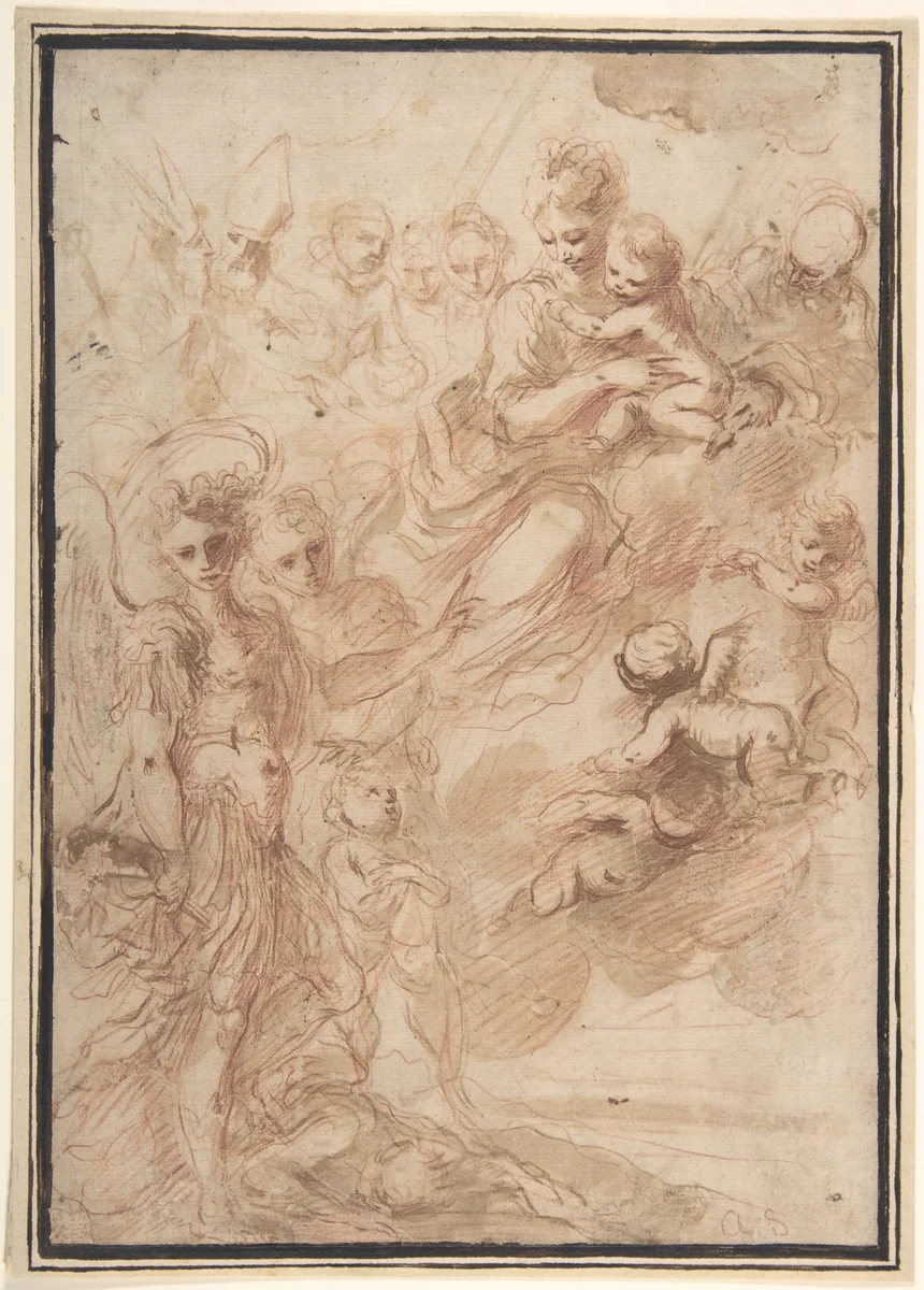 Saint Michael the Archangel and Another Figure Recommending a Soul to the Virgin and Child in Heaven by Bartolomeo Biscaino, drawing, 1629-1657