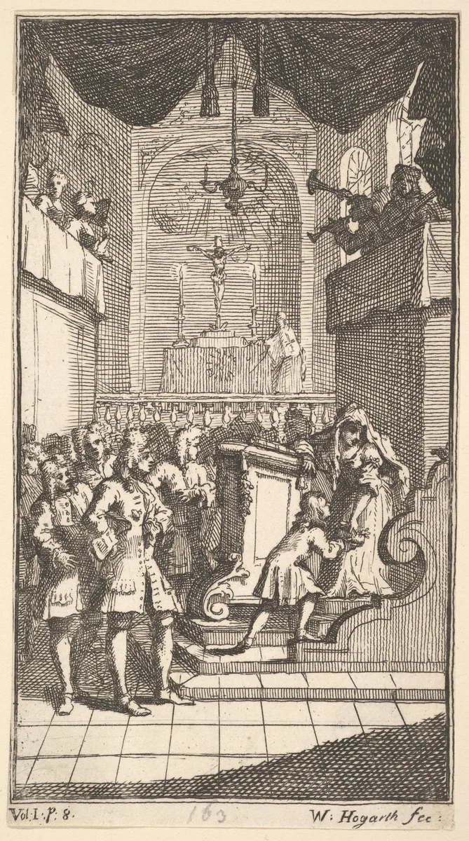The New Metamorphosis, Plate 2: Fantasio at Church by William Hogarth, print, 1723-1724