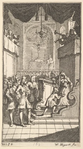 The New Metamorphosis, Plate 2: Fantasio at Church by William Hogarth, print, 1723-1724