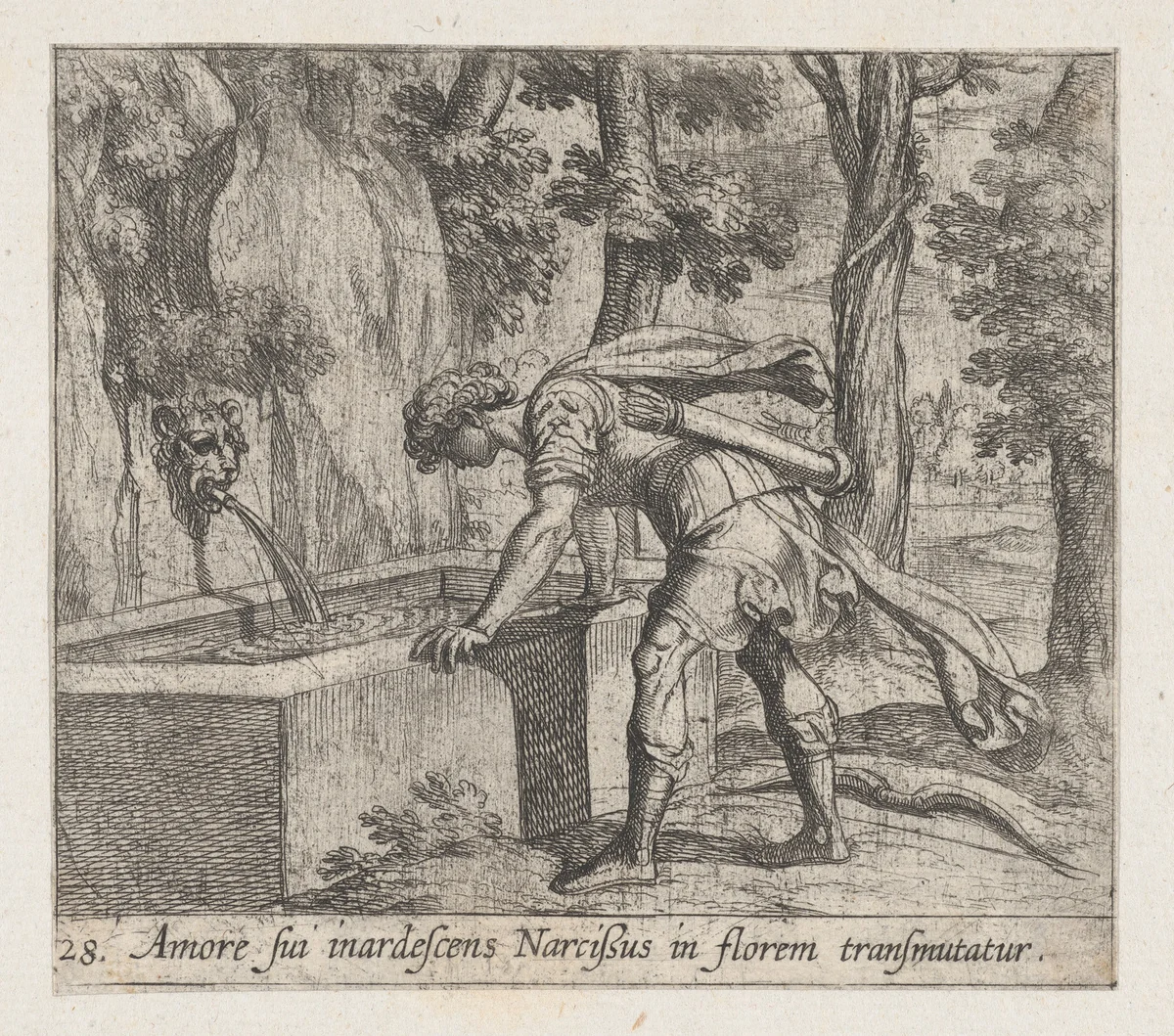 Plate 28: Narcissus at the Well (Amore fui inardescens Narcißus in florem transmutatur), from Ovid's 'Metamorphoses' by Antonio Tempesta, print, 1606