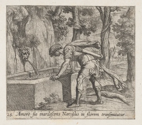 Plate 28: Narcissus at the Well (Amore fui inardescens Narcißus in florem transmutatur), from Ovid's 'Metamorphoses' by Antonio Tempesta, print, 1606
