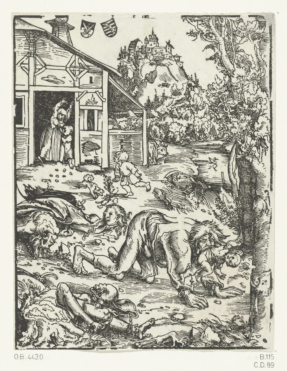 Weerwolf met kind en verscheurde lichamen by Unknown, print, 1510-1515