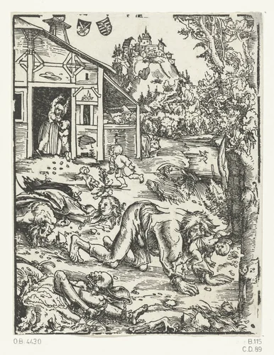 Weerwolf met kind en verscheurde lichamen by Unknown, print, 1510-1515