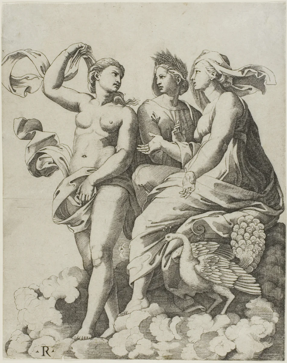Juno, Ceres, and Psyche by Marco Dente Raffaello Sanzio, print, 1515-1527