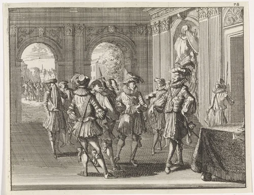 Ridder Payen de Beaufort wordt beschuldigd van hekserij en gevangengenomen, 1459 by Caspar Luyken, print, 1700