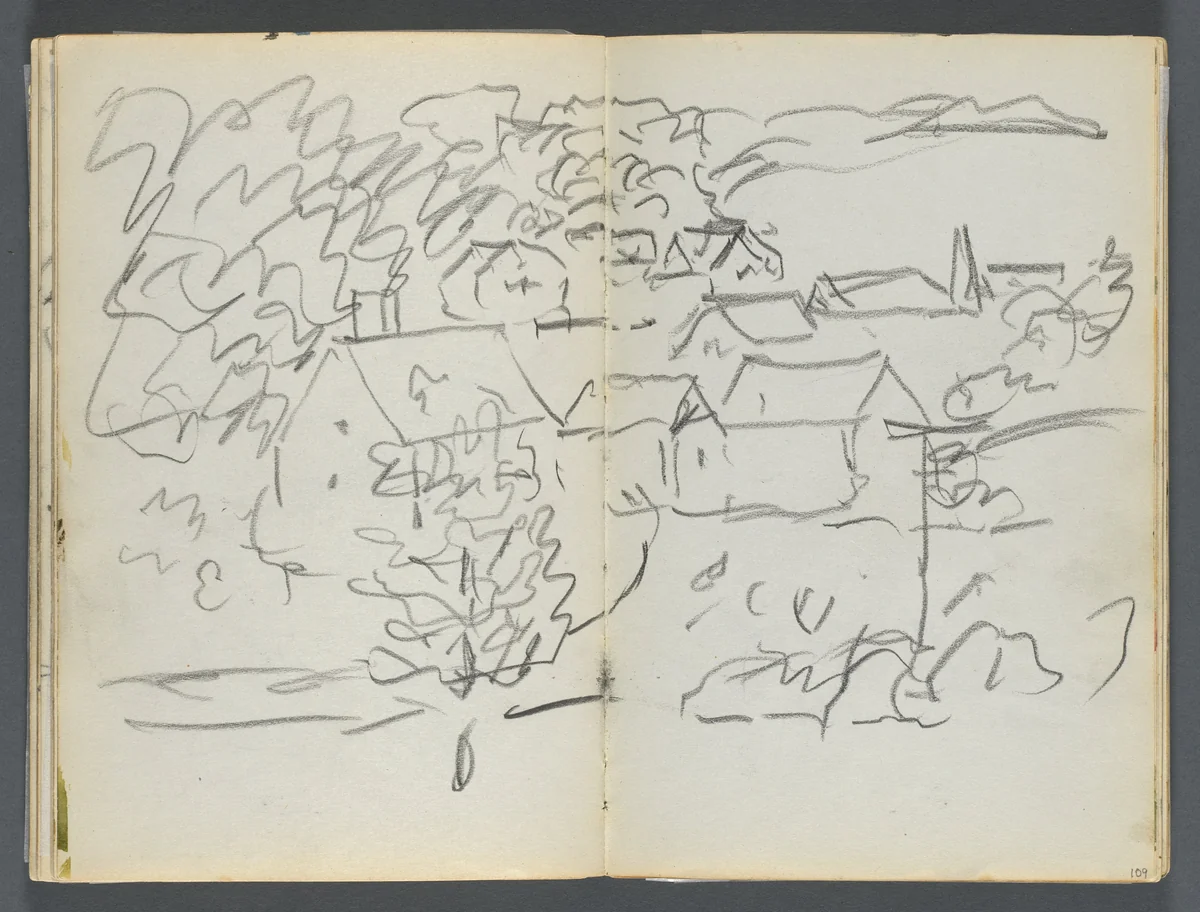Sketchbook, The Dells, N° 127, page 108 & 109: Landscape with Houses by Maurice Prendergast, book, 1919-1921